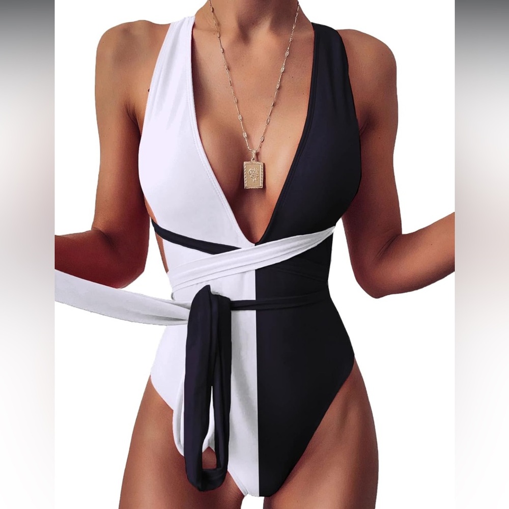 Black and White Wrap Swimsuit